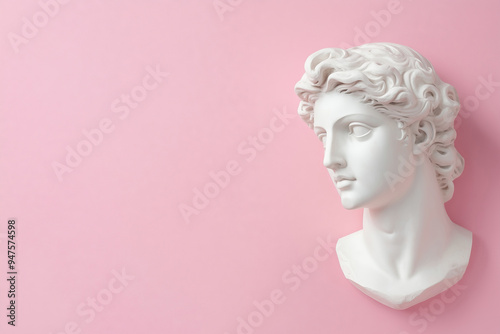 White antique Greek statue men head on a pink background with copy space, a minimal concept of art and history.