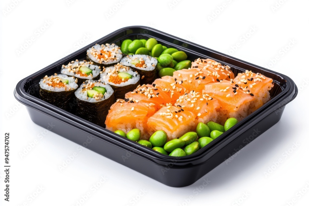 a bento box featuring sushi rolls, edamame, and pickled ginger. a bento box featuring sushi rolls, edamame, and pickled ginger.