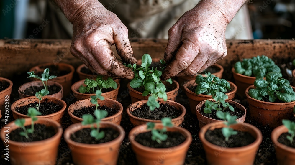 Close up of a farmer s calloused weathered hands gently tending to delicate heirloom herb plants and seedlings thriving in earthy terracotta pots Close up of a farmer s calloused weathered hands gently tending to delicate heirloom herb plants and seedlings thriving in earthy terracotta pots