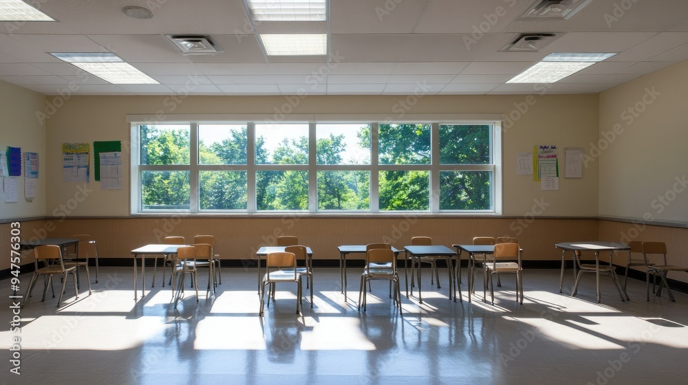 Bright school classroom with all chair facing forward Bright school classroom with all chair facing forward