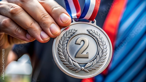 hand holding a silver medal with 2nd place, second place medal photo