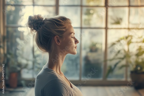 Woman in peaceful meditation by sunny window. Free Download Woman in peaceful meditation by sunny window. - GFXLoad