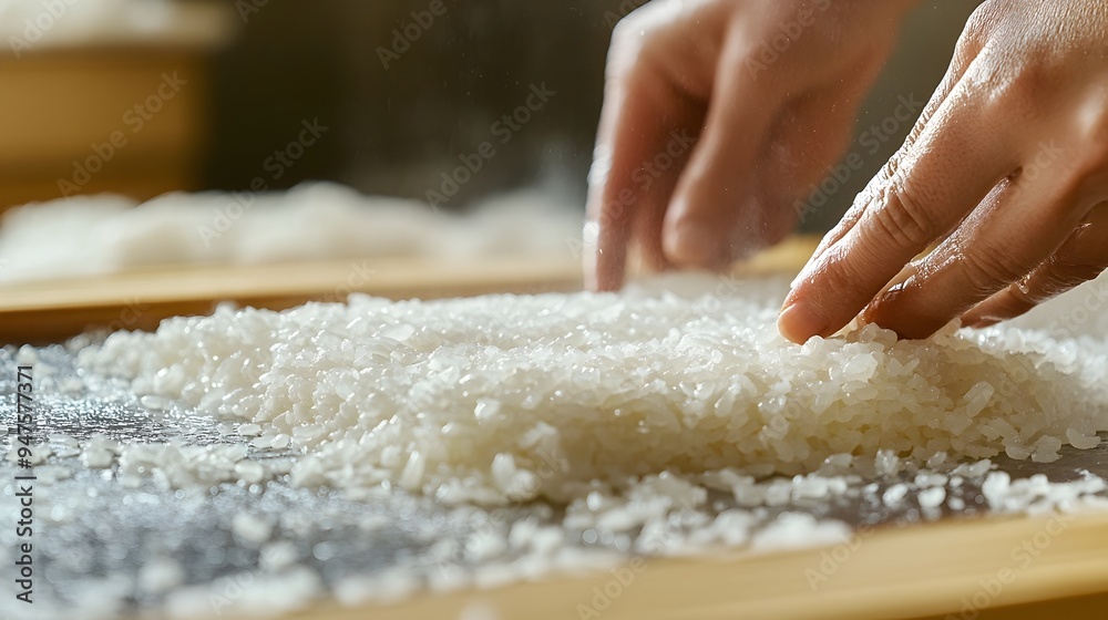 A close up photograph showcasing the precise and delicate arrangement of pressed sushi rice in a mold highlighting the sticky glossy texture of the carefully crafted grains A close up photograph showcasing the precise and delicate arrangement of pressed sushi rice in a mold highlighting the sticky glossy texture of the carefully crafted grains