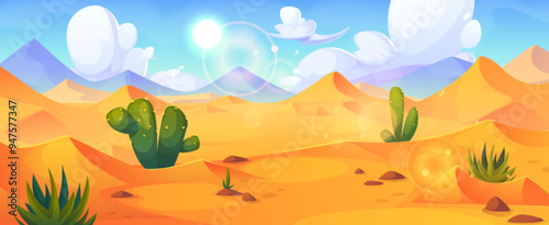 Arabian or Egyptian desert landscape with sand dunes, green cactus and grass under blue sunny sky. Cartoon vector Sahara background with drought yellow sandy mountains. African wilderness panorama.