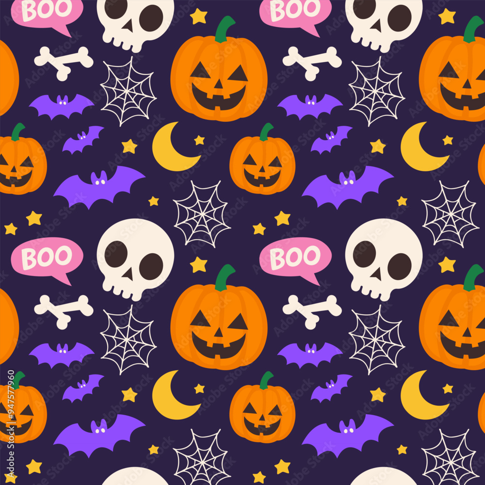 Seamless Halloween Pattern with Skulls, Pumpkins, Bats, and Stars in Dark Background Seamless Halloween Pattern with Skulls, Pumpkins, Bats, and Stars in Dark Background