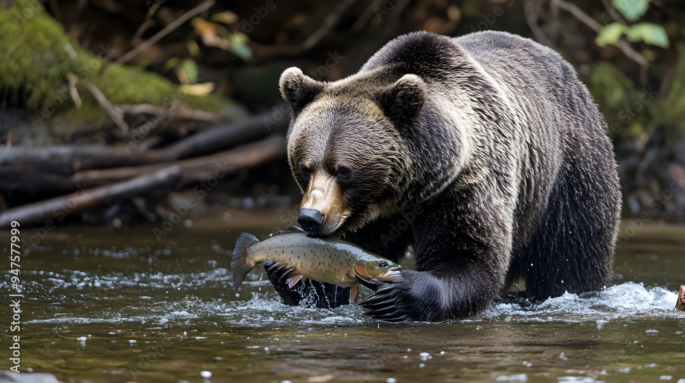 Obraz premium Powerful Grizzly Bear Fishing in Wilderness River