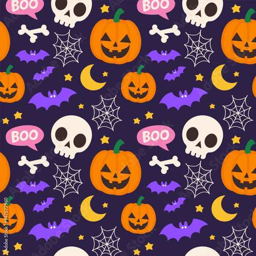 Seamless Halloween Pattern with Skulls, Pumpkins, Bats, and Stars in Dark Background