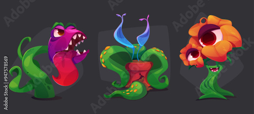 Scary monster plants with head flowers. Cartoon vector illustration set of fantasy alien creepy carnivore horrible game ui design characters with terrible eyes and mouth with teeth and tongue.