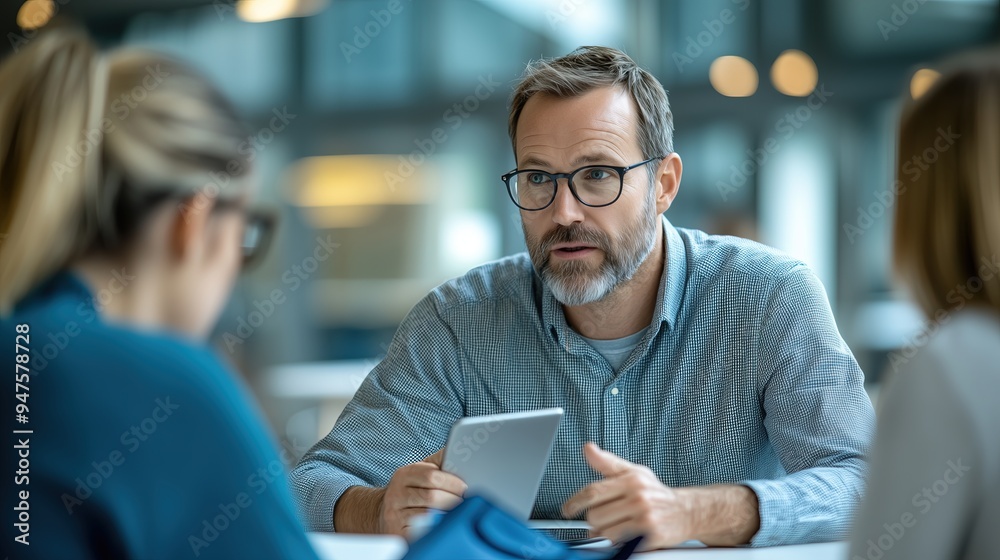 A photo of an IT team at work,they are sitting around the table talking to each other with digital tablets on white tables A photo of an IT team at work,they are sitting around the table talking to each other with digital tablets on white tables