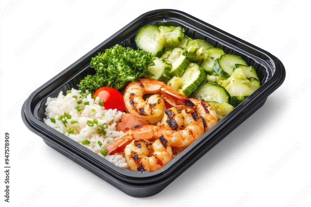 a bento box featuring grilled shrimp, fluffy rice, and colorful vegetables. a bento box featuring grilled shrimp, fluffy rice, and colorful vegetables.