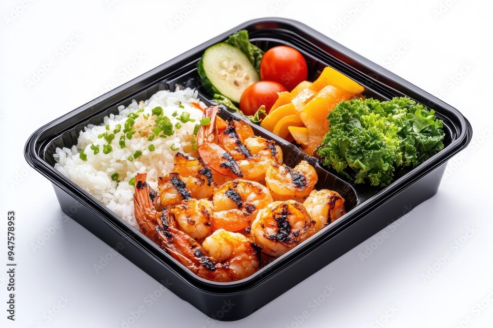 a bento box featuring grilled shrimp, fluffy rice, and colorful vegetables.