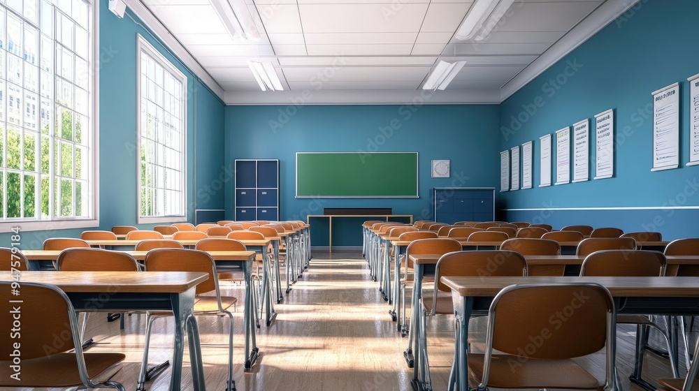 Bright school classroom with all chair facing forward Bright school classroom with all chair facing forward