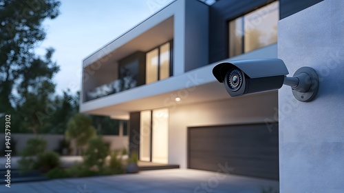 Modern Home Security Camera on Wall with Night Lights photo