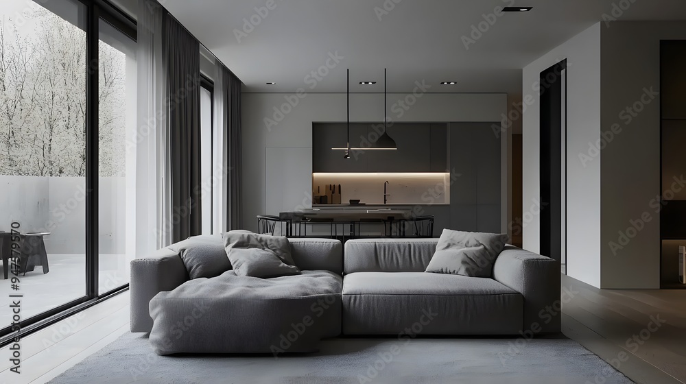 Open and airy living room with minimal decor and a grey sofa Open and airy living room with minimal decor and a grey sofa