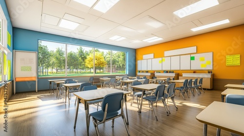 Bright school classroom with all chair facing forward