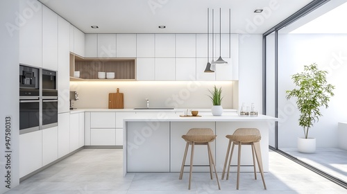 Simple kitchen layout with a white countertop, a single plant, and modern appliances