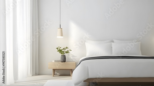 Minimalist bedroom with white bedding, a wooden nightstand, and a single lamp