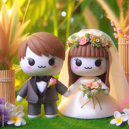 Two hot trend toy get married in formal attire, grass, flowers, blur bamboo background photo