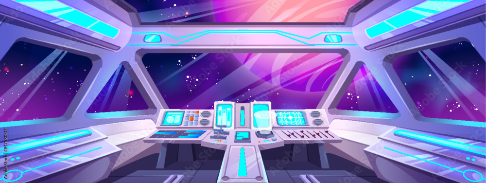 Futuristic spaceship cockpit interior with pilot control panel, windows with cosmos outside, neon glowing screens and navigation dashboard. Cartoon rocket or spacecraft cabin room travel in space.