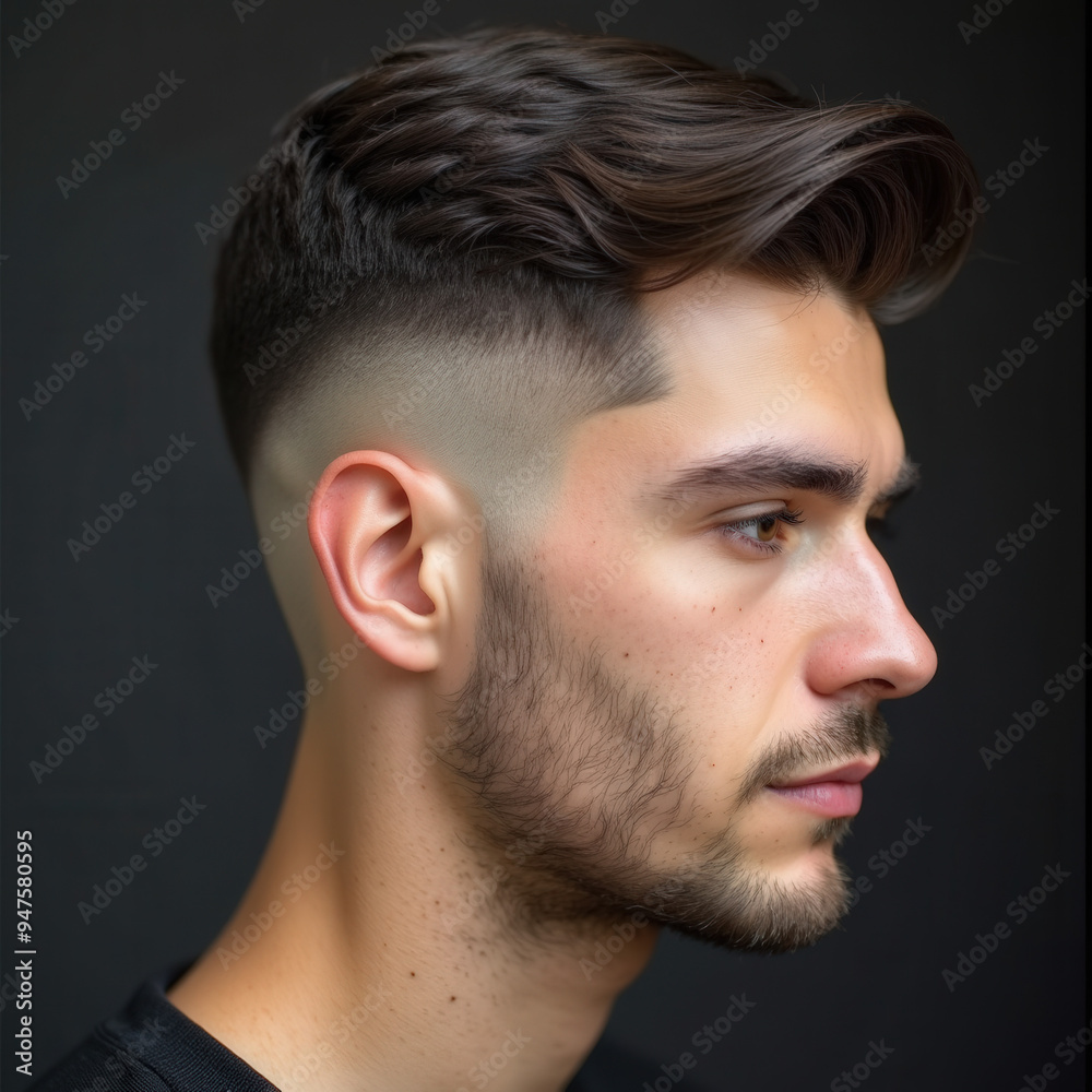 Fototapeta premium Stylish Male Profile Shots Featuring Trendy Fade Haircuts and Shaved Line Designs - Professional Closeup Photography