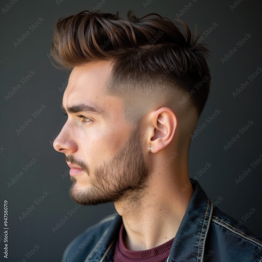 Fototapeta premium Stylish Male Profile Shots Featuring Trendy Fade Haircuts and Shaved Line Designs - Professional Closeup Photography