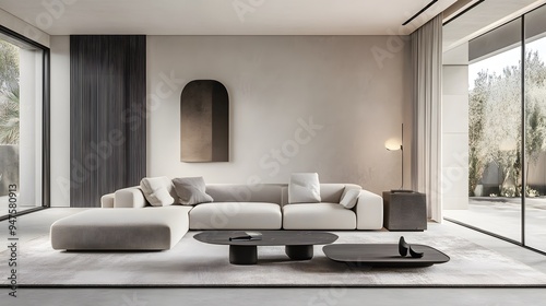 A clean, modern living room with neutral tones and minimal decor