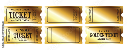 Vintage gold ticket stock vector sketch, Retro ticket concert and festival event, movie theater coupon. Isolated on white. Set of gold tickets. 