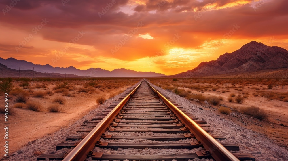 Sunset Railroad Tracks in Desert Landscape Sunset Railroad Tracks in Desert Landscape