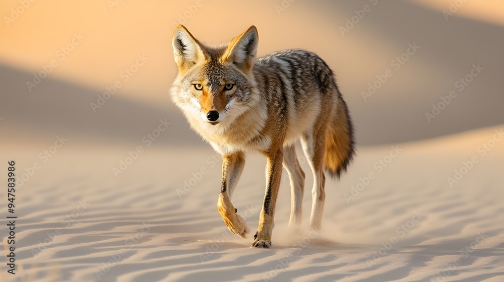 Fototapeta premium Coyote Sprinting Across the Arid Desert Landscape