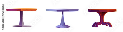 Cafe tables set isolated on white background. Vector cartoon illustration of round and square wooden and metal desks on one leg, dining room, restaurant, cafeteria furniture, interior elements