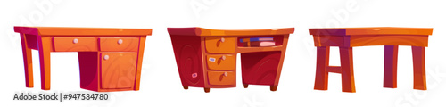 Office desks set isolated on white background. Vector cartoon illustration of wooden tables with drawers and shelves, furniture collection for classroom, rustic saloon, dining room, teen kid bedroom