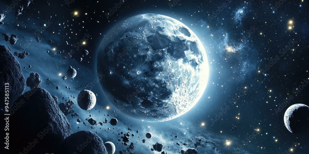A planet, asteroids, and a starry night sky. A planet, asteroids, and a starry night sky.
