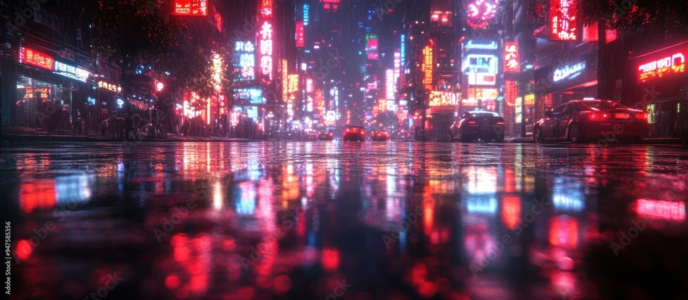 Naklejka premium Neon Cityscape After Rain