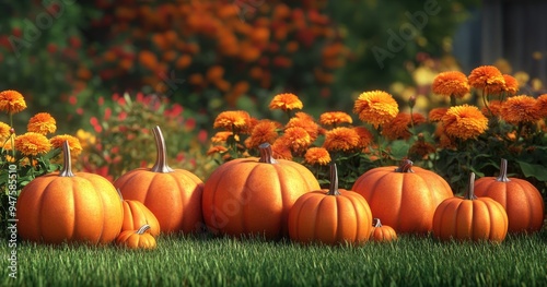 Colorful Autumn Pumpkins and Gourds with Marigold Flowers Garden Landscape background