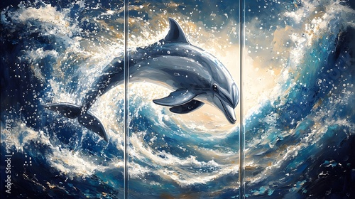 A lively underwater scene across three panels. The first panel highlights a dolphin leaping gracefully out of the water, the second panel captures a pod of dolphins photo