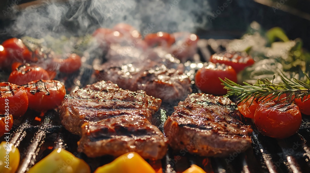 Cooking Delicious Meat and Vegetables on Barbecue Grill Cooking Delicious Meat and Vegetables on Barbecue Grill