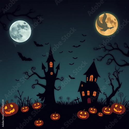 Happy halloween background with houses, pumpkins, bats and moons