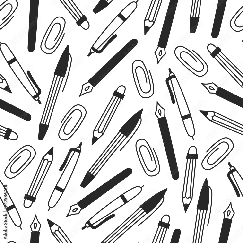 Pen Pencil Stationery Doodle Seamless Pattern. Hand drawn black and white endless background with falling office supplies. Repeat vector illustration