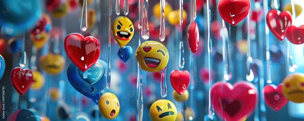 custom made wallpaper toronto digitalRealistic 3D social media emojis and likes cascading down a glass-like structure.
