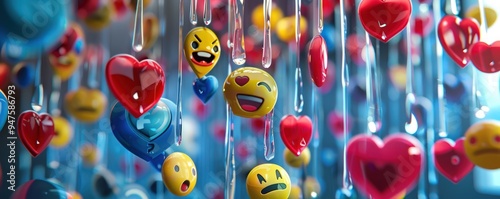 Wallpaper Mural Realistic 3D social media emojis and likes cascading down a glass-like structure. Torontodigital.ca