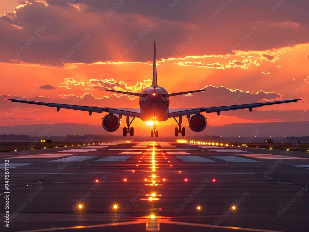 An airplane landing at dusk with a vibrant sunset creating a colorful sky and illuminating the runway in the background An airplane landing at dusk with a vibrant sunset creating a colorful sky and illuminating the runway in the background