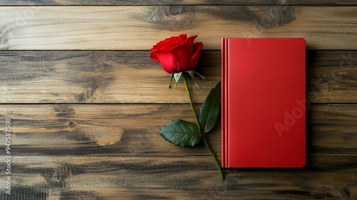 Vibrant Sant Jordi Greeting Card with Red Rose and Book on Wooden Background for Catalonian Book Day Celebration. Top View Composition. photo