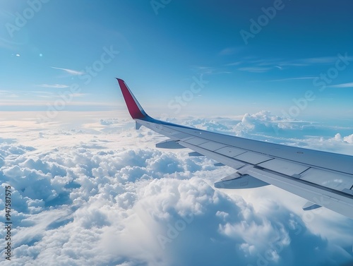 Aerial view of an airplane wing over fluffy white clouds during a bright sunny day, capturing the beauty of flight photo