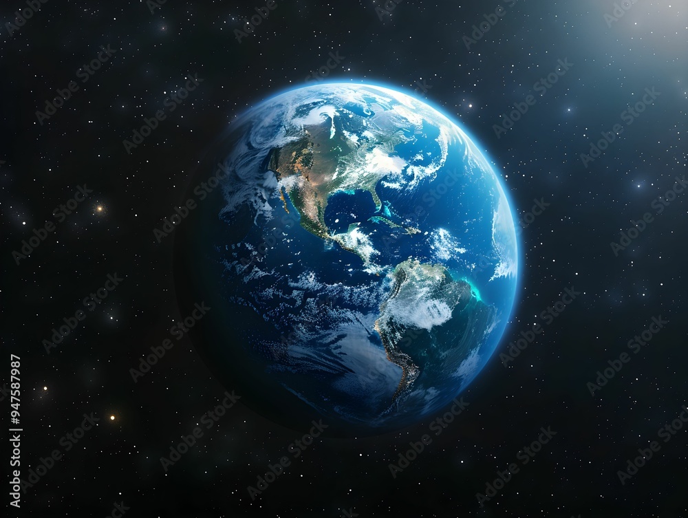 View of Earth from space showcasing the Americas in detail against a backdrop of stars and celestial bodies during a clear night View of Earth from space showcasing the Americas in detail against a backdrop of stars and celestial bodies during a clear night