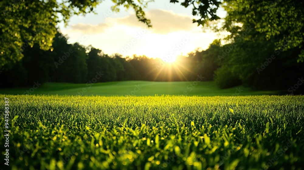 Obraz premium A serene landscape showcasing lush greenery under a vibrant sunset, perfect for nature and tranquility themes.
