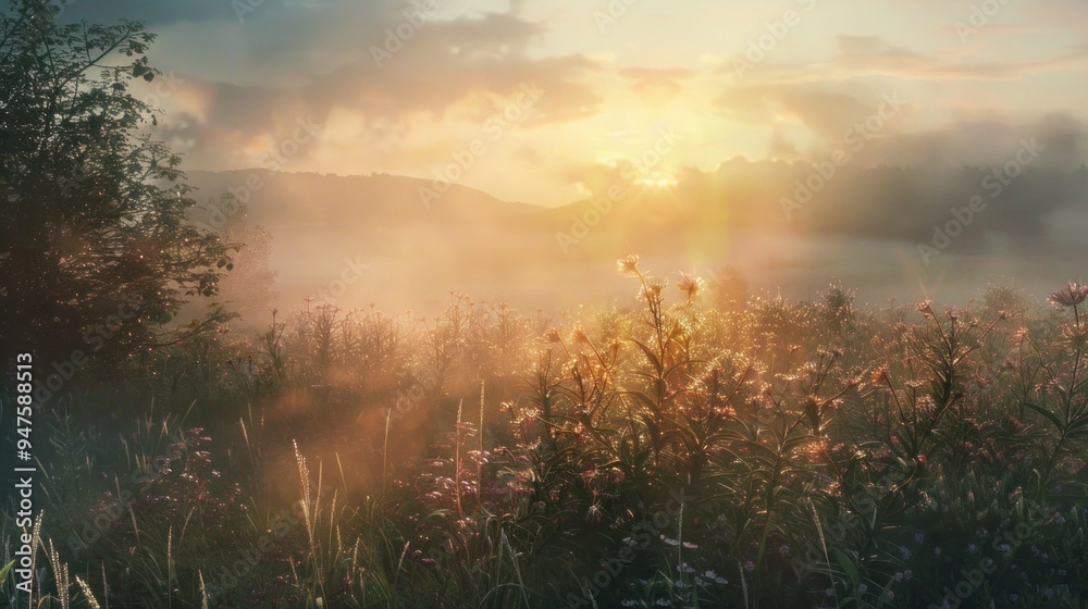 Naklejka premium Sunrise Over Misty Field