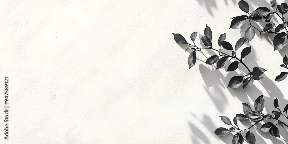 Minimalistic gray shadow of the leaves on a white wall light background. neutral nature concept background with blurred foliage shadow on a white wall with space for text