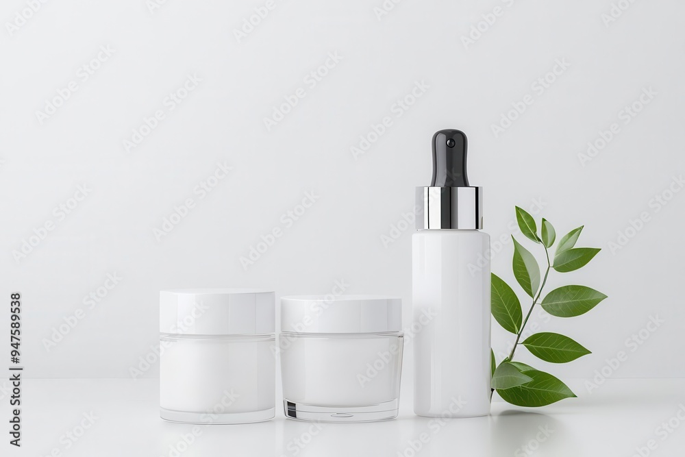 Elegant display of skincare products with a green leaf, emphasizing natural beauty and wellness. Elegant display of skincare products with a green leaf, emphasizing natural beauty and wellness.