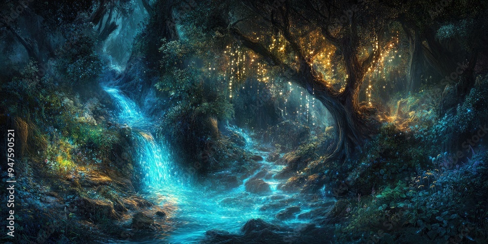 Enchanted forest with glowing waterfall and tree. Enchanted forest with glowing waterfall and tree.