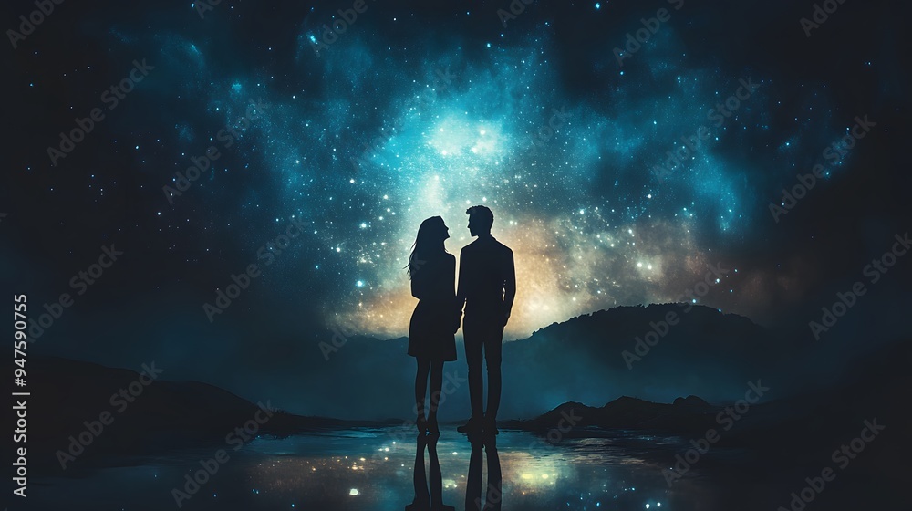 Fototapeta premium Silhouette of Couple Under Night Sky with Stars
